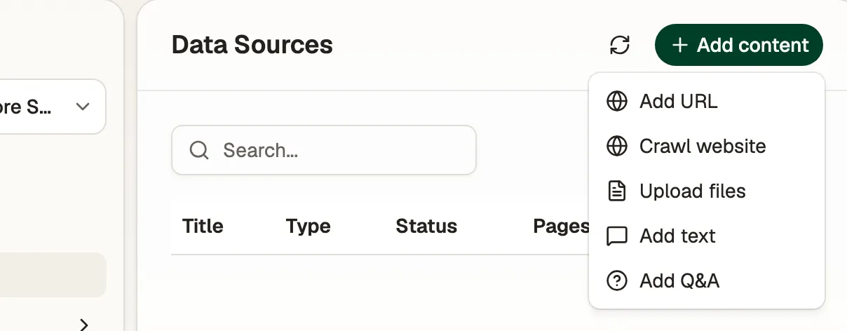 The Add content menu: Add URL, Crawl website, Upload files, Add text, Add Q&A
