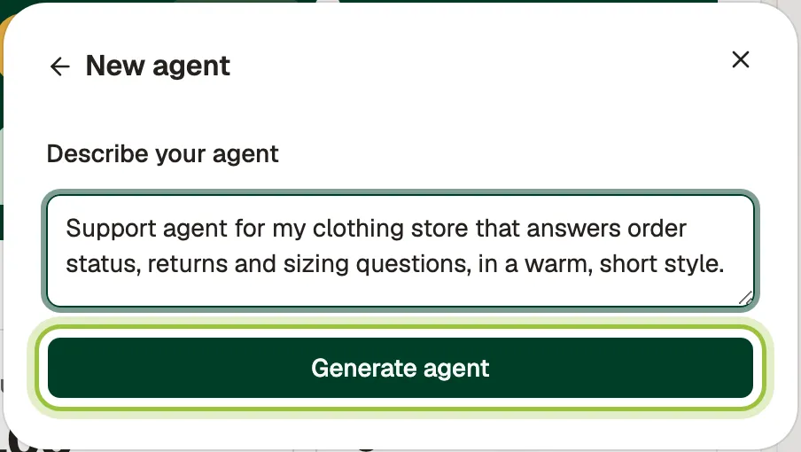 Describe your agent filled in, with the Generate agent button