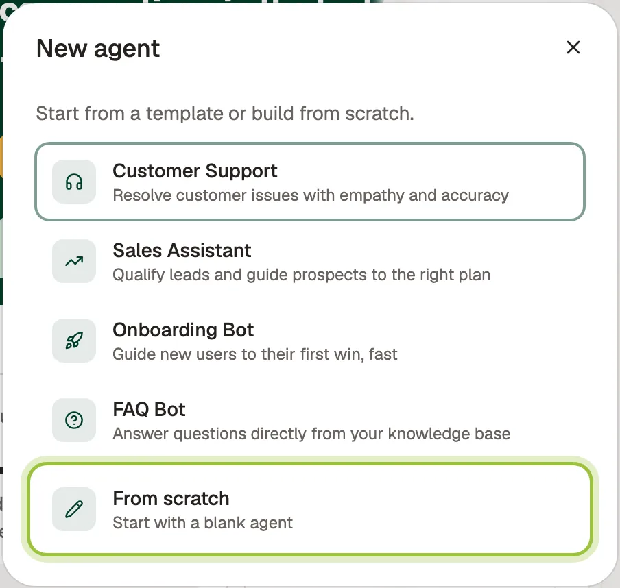 The New agent dialog with four templates and From scratch