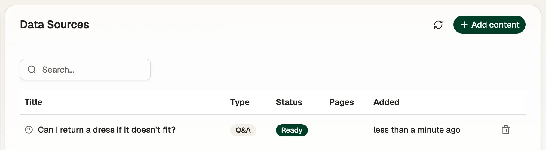 A Q&A source marked Ready in the Data Sources table